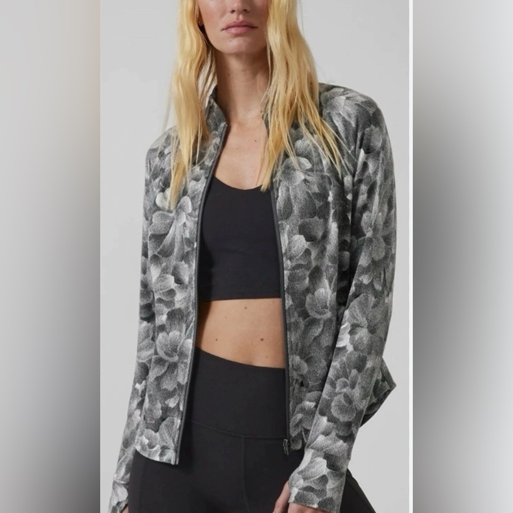 Athleta Black and Gray Floral Bomber Jacket